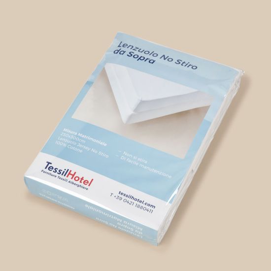 Confezione del lenzuolo no stiro da sopra in Jersey Bianco per hotel, alberghi e b&b Confezione del lenzuolo no stiro da sopra in Jersey Bianco per hotel, alberghi e b&b